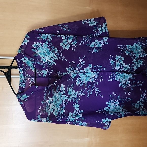 Purple Printed Semi Sheer Shirt with Turquoise Flowers - Picture 5 of 6